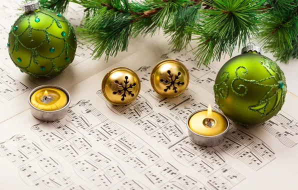 Picture winter, balls, notes, balls, pattern, spruce, branch, candles, New Year, green, Christmas, tree, bells, Christmas, …