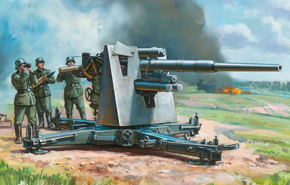 Picture figure, art, training, gun, position, calculation, German, anti-aircraft, 8 cm, FlaK 36/37, to fire, 88 …