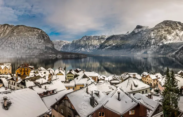 Picture winter, mountains, lake, home, Austria, roof, Alps, panorama, Austria, Hallstatt, Alps, Lake Hallstatt, Hallstatt, Lake …