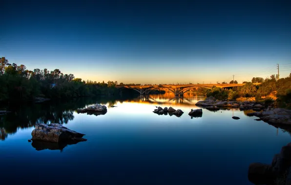 Picture the sky, blue, bridge, reflection, river, stones, morning, CA