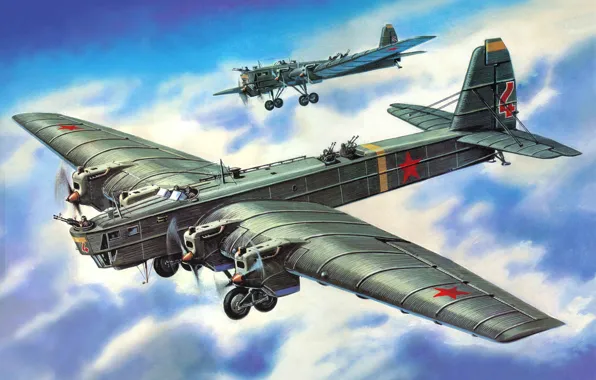 Picture the plane, art, USSR, bomber, BBC, WWII, Tupolev, heavy, Soviet, WW2., TB-3
