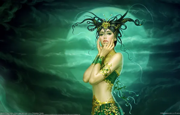 Picture girl, decoration, fantasy, the moon, art, hairstyle, horns, yuehui tang
