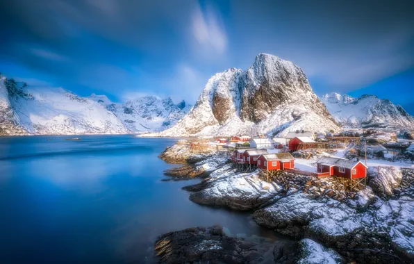 Picture winter, water, mountains, village, Norway, houses, Norway, the fjord, Lofoten, Lofoten, Hamnoy, Hamnøy