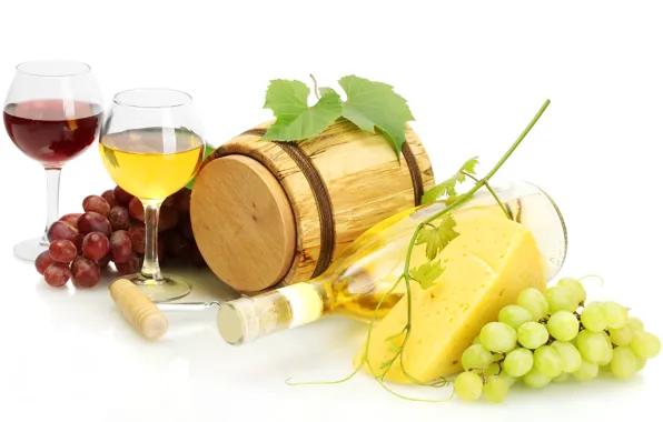 Picture wine, red, white, bottle, cheese, glasses, grapes, corkscrew, vine, barrel