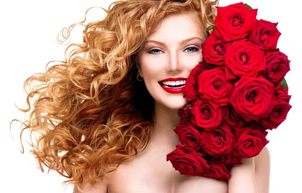 Picture girl, smile, roses, makeup, red, curls, a bouquet of flowers, red lips