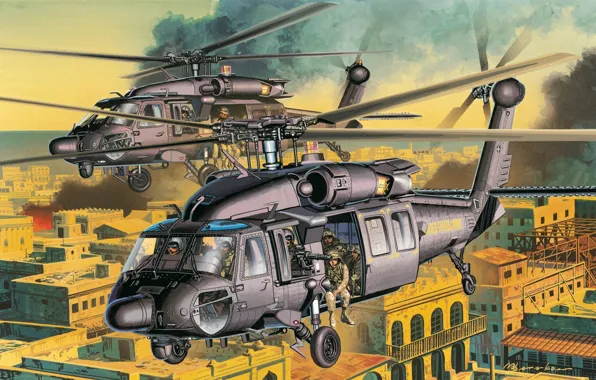 Picture the city, figure, helicopters, art, street, helicopter, shock, American, AH-60, soldiers of special purpose