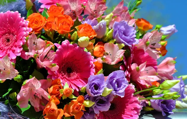 Picture flowers, photo, roses, bouquet, gerbera, eustoma, alstremeria