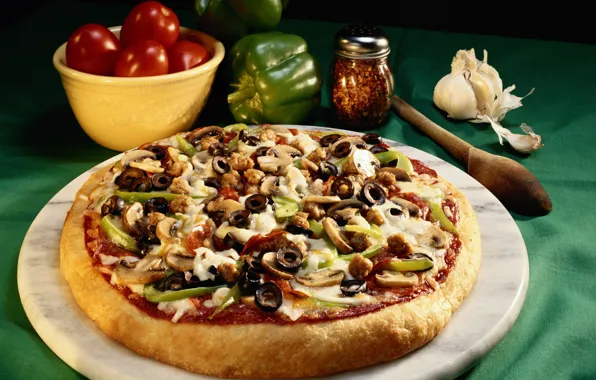 Picture mushrooms, food, food, pepper, pizza, tomatoes, delicious, olives, garlic, satisfying