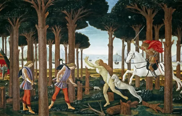Picture sea, trees, mountains, people, picture, rider, genre, mythology, Sandro Botticelli, History Nastagio Degli Onesti (I)