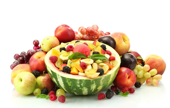 Picture berries, raspberry, apples, watermelon, grapes, bananas, fruit, peaches, plum