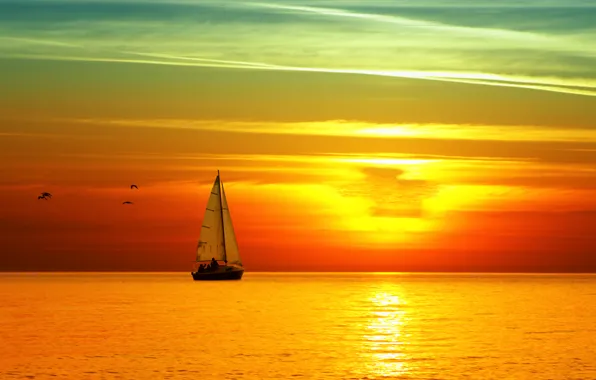 Picture sea, sunset, yacht, sail, bright
