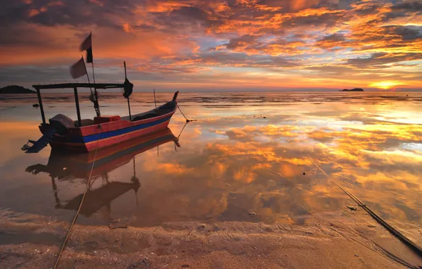Picture sea, beach, clouds, sunset, reflection, boat