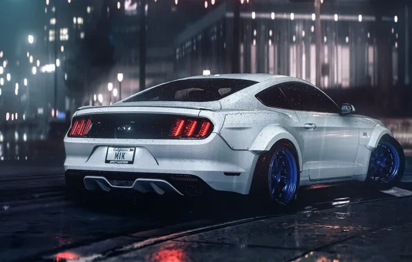 Picture Mustang, Ford, Car, Night, RTR, Rain, Rear, 2016, Musle