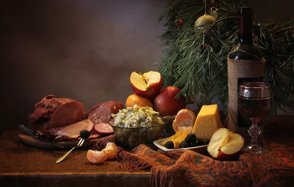 Picture wine, glass, Apple, cheese, meat, still life, sausage, pine, salad, olives, Mandarin, treat, Olivier