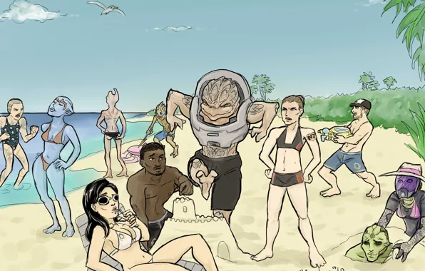 Picture sand, sea, castle, stay, vacation, team, sea, Mass Effect, sand, krogan, Crew on vacation, do …