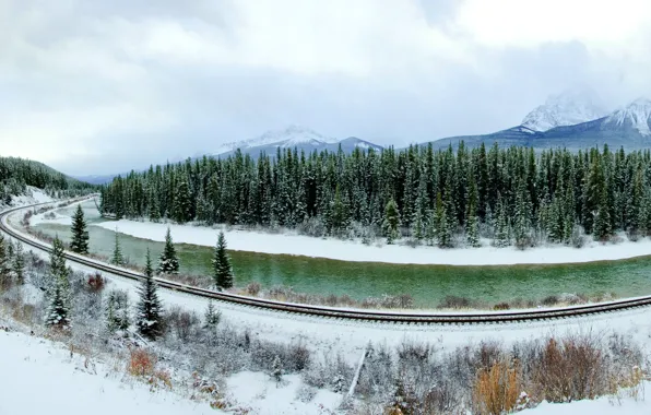 Picture winter, forest, snow, trees, mountains, Canada, panorama, railroad, river, Banff