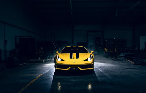 Picture Dark, Light, Ferrari, 458, Front, Yellow, Supercar, Speciale, Garage