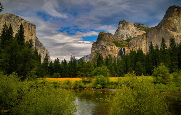 Picture forest, the sky, clouds, trees, mountains, stones, rocks, waterfall, CA, USA, river, the bushes, Yosemite …