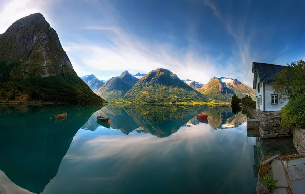 Picture mountains, lake, boats, Norway