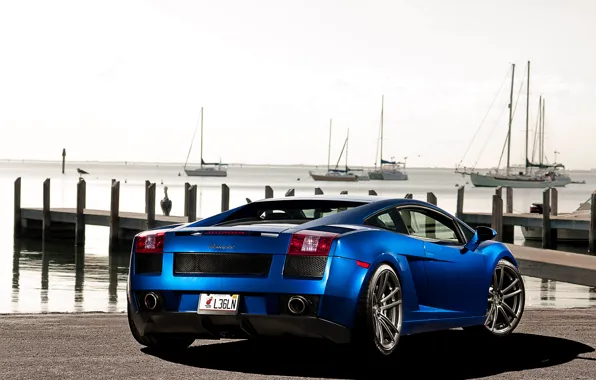 Picture the sky, blue, yachts, Lamborghini, pier, Gallardo, Lamborghini, blue, Lamborghini, the rear part, Gallardo