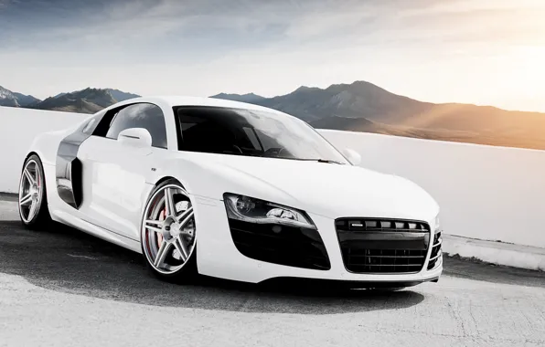 Picture white, the sky, mountains, Audi, Audi, tuning, supercar, drives, tuning, the front, V10, B10