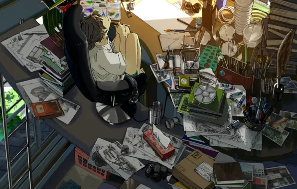 Picture cat, girl, smile, room, paint, books, anime, headphones, player, the camera, drawings, art