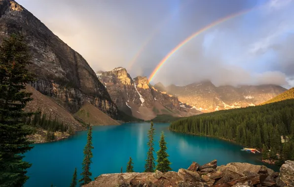 Picture forest, mountains, lake, rainbow, Canada, Banff National Park, Alberta, Canada, Moraine Lake, Valley of the …