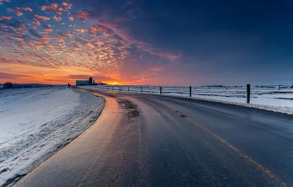 Picture winter, road, the sky, clouds, snow, landscape, sunset, nature, twilight