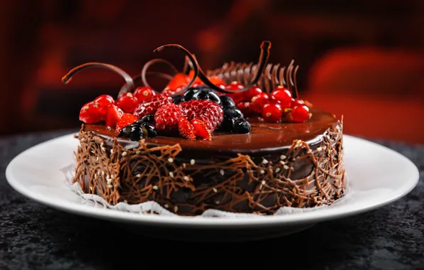 Picture berries, raspberry, chocolate, blueberries, plate, cake, dessert, currants, appetizing