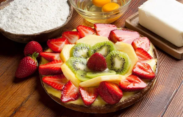 Picture oil, eggs, kiwi, strawberry, plate, pineapple, slices, juicy dessert, flour