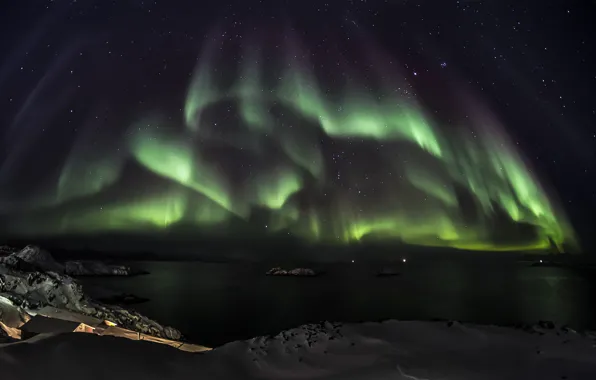 Picture stars, snow, night, green, the ocean, Northern lights, Aurora Borealis