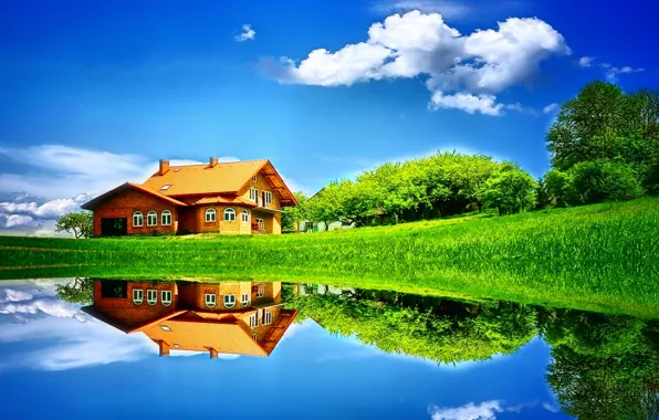 Picture field, summer, the sky, grass, water, clouds, trees, nature, lake, house, reflection, tree, meadow, house, …