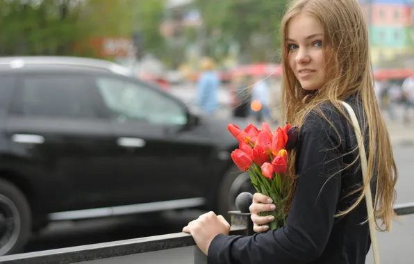 Picture machine, look, girl, smile, bouquet, blonde, tulips, railings, ossia