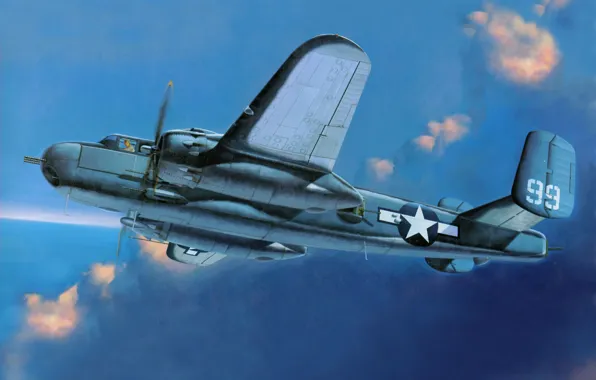 Picture the sky, figure, art, bomber, action, American, twin-engine, WW2, metal, quintuple, medium, radius, B-25, North, …