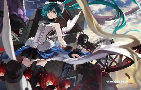 Picture the sky, clouds, flowers, girls, anime, art, vocaloid, hatsune miku, 7th dragon 2020, swd3e2