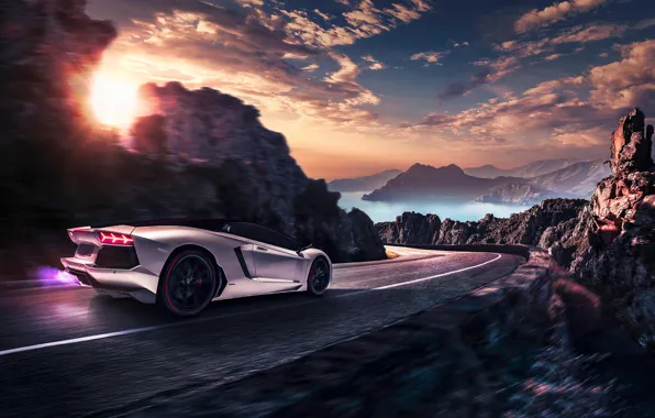 Picture Lamborghini, Landscape, Sunset, LP700-4, Aventador, Pirelli, Supercar, Edition, Rear