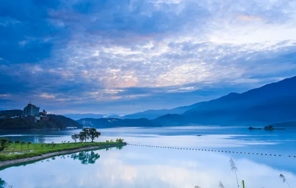 Picture the sky, clouds, trees, mountains, nature, lake, reflection, dawn, blue, shore, morning, China, Taiwan, China, …