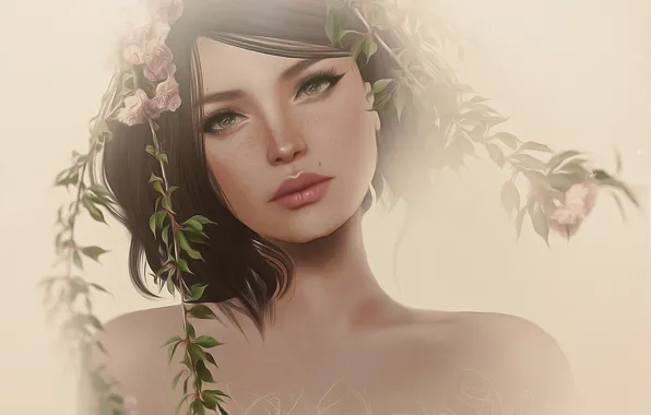 Picture girl, flowers, face, portrait