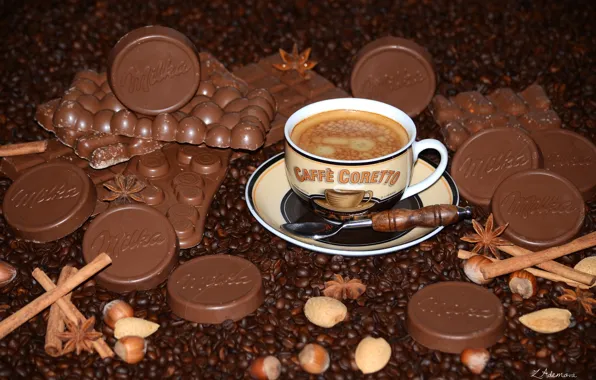 Picture coffee, chocolate, nuts, cinnamon, coffee beans, star anise
