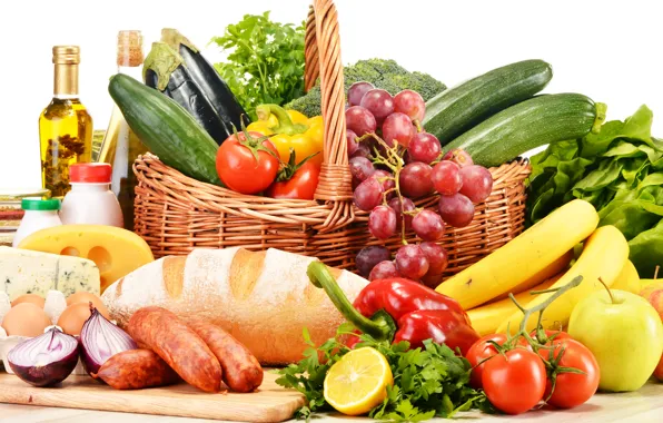 Picture greens, lemon, apples, eggs, cheese, bow, bread, grapes, bananas, pepper, fruit, basket, vegetables, tomatoes, tomatoes, …