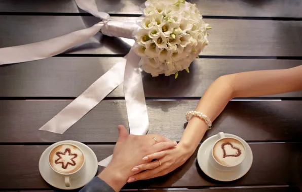 Picture love, flowers, love, flowers, cup, romantic, couple, coffee, hands, bouquet, wedding