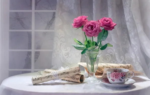 Picture flowers, notes, roses, window, Cup, still life