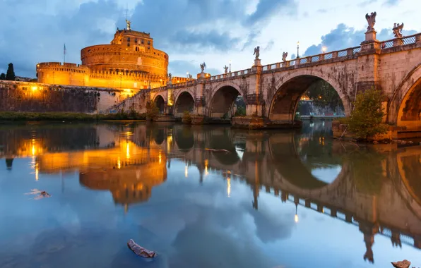 Picture bridge, lights, river, Rome, Italy, The Tiber, Castel Sant'angelo