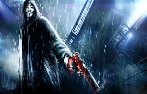 Picture night, the city, gun, weapons, rain, art, hood, v for vendetta, Anonymous, Anonymous