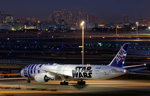 Picture the city, lights, the evening, Boeing, the plane, jet, passenger, 787-9