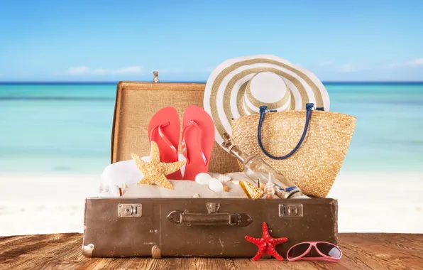 Picture sand, sea, Board, bottle, hat, glasses, shell, suitcase, bag, slates, starfish