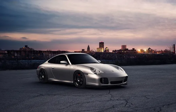 Picture sunset, the city, 911, Porsche, horizon, front, silvery