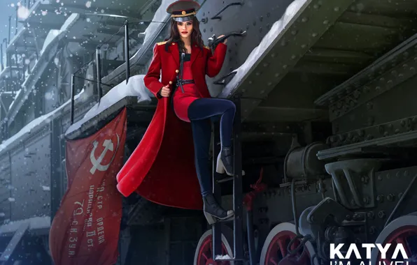 Picture winter, girl, snow, red, figure, train, art, in red, cap, coat, banner, officer, Nikita Bolyakov, …