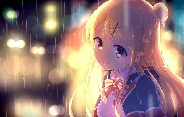 Picture girl, smile, rain, anime, art, kujou karen, kiniro mosaic, nitro, mugityaoisii