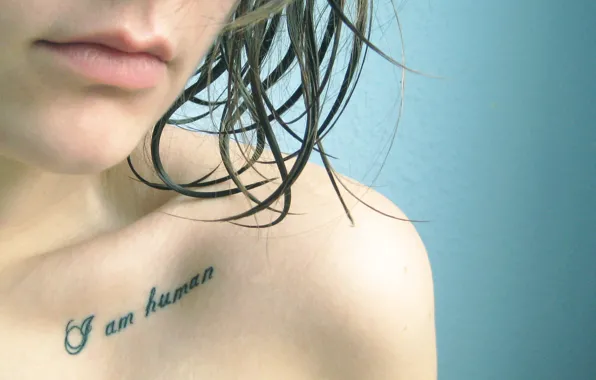 Picture the inscription, hair, body, people, Girl, tattoo